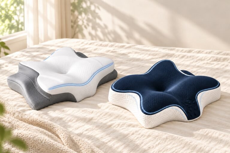 White and grey and navy and white contoured pillows on ivory bedding.