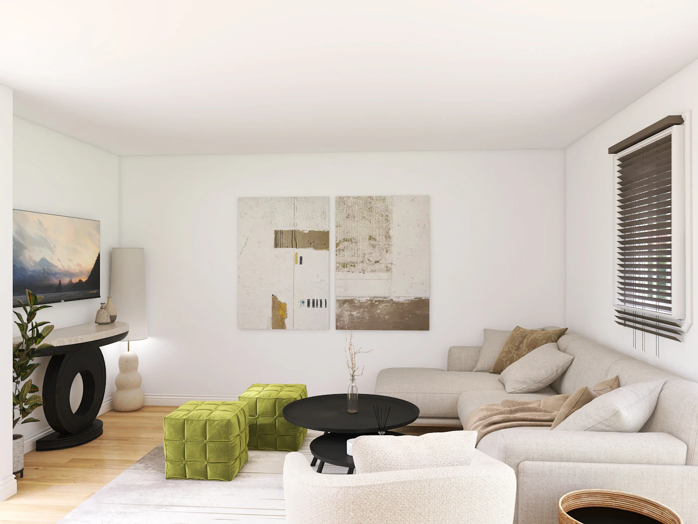 Cream seating with layered cushions and throws, two green stools and a black round coffee table.