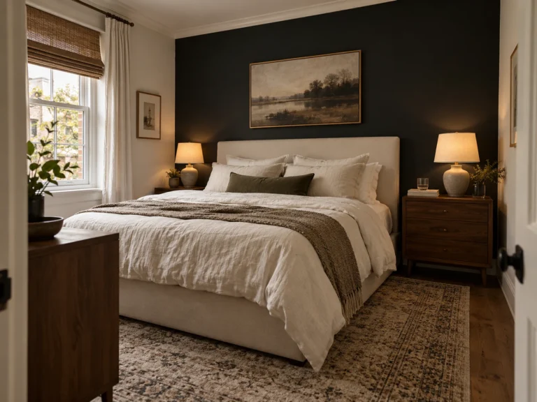 Small bedroom with a black accent wall