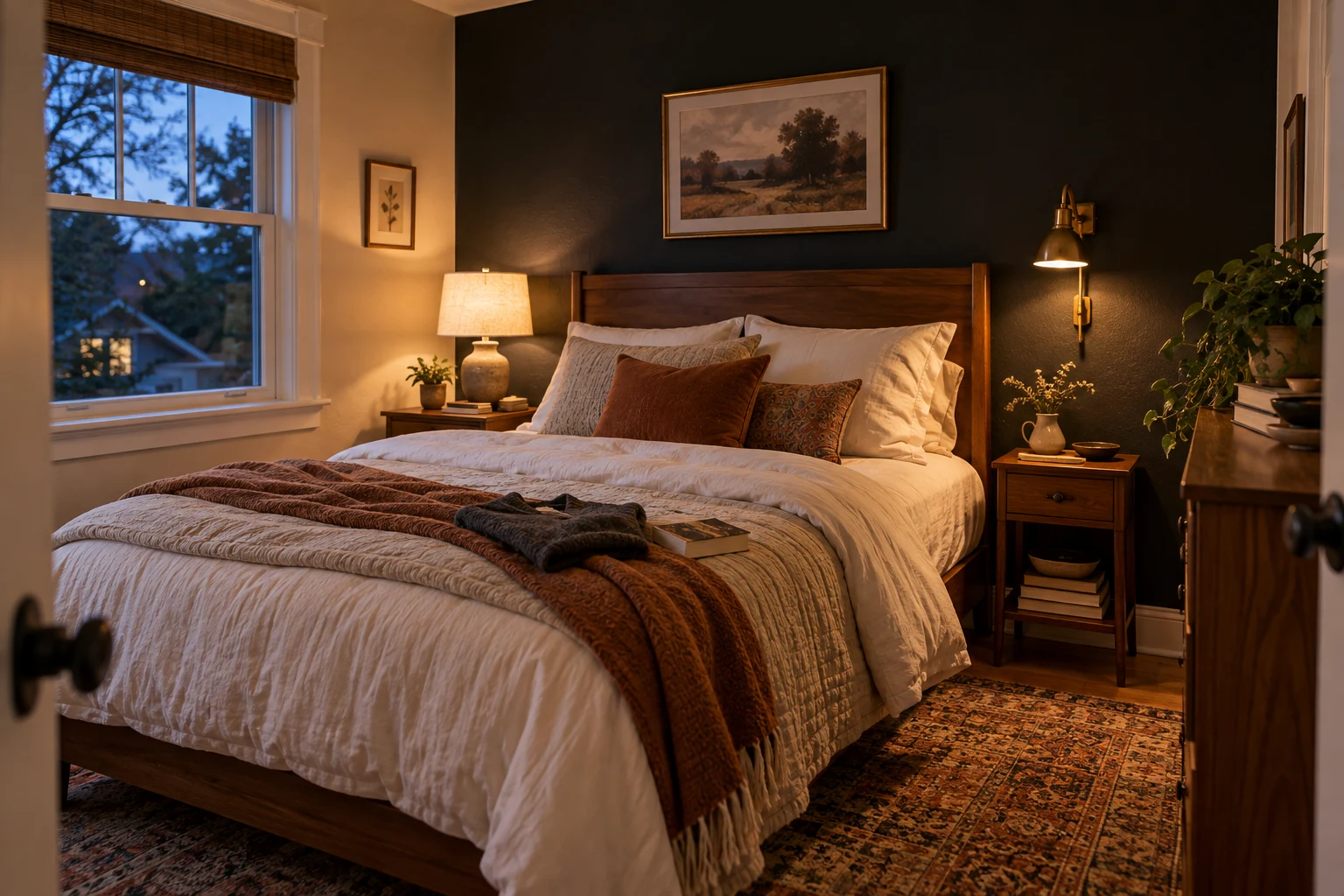 Bedroom with a dark accent wall and illuminated bedside lamps