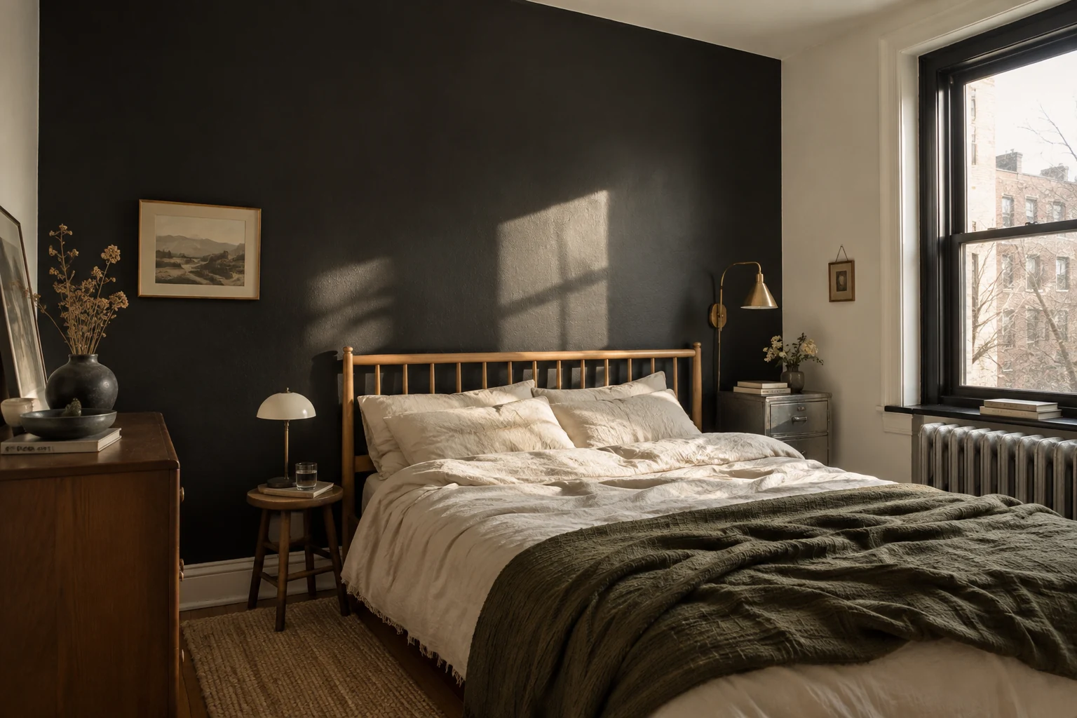 Bedroom with a black accent wall in daylight