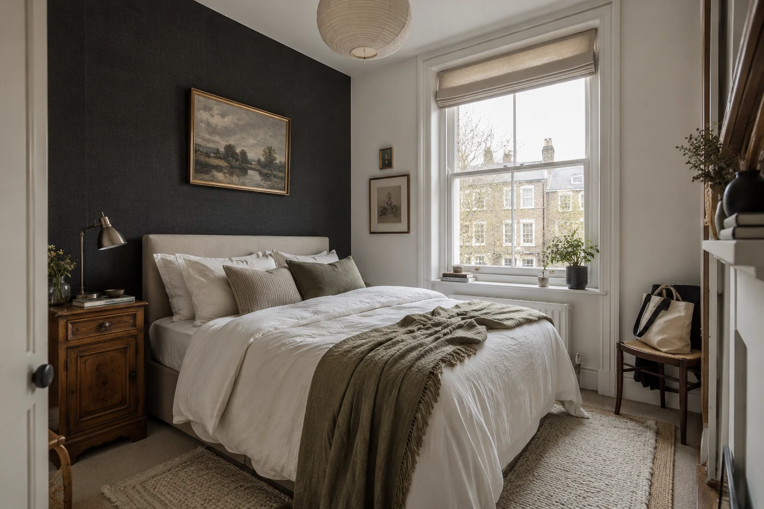 Bedroom with a dark wall behind the bed